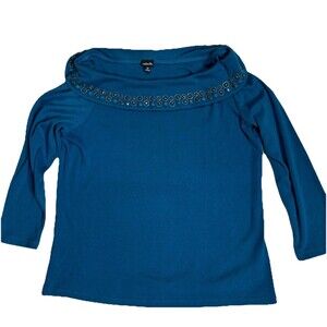 RAFAELA BEADED SCOOP NECK BLOUSE 3/4  SLEEVES COTTON BLUE-TEAL SZ MEDIUM